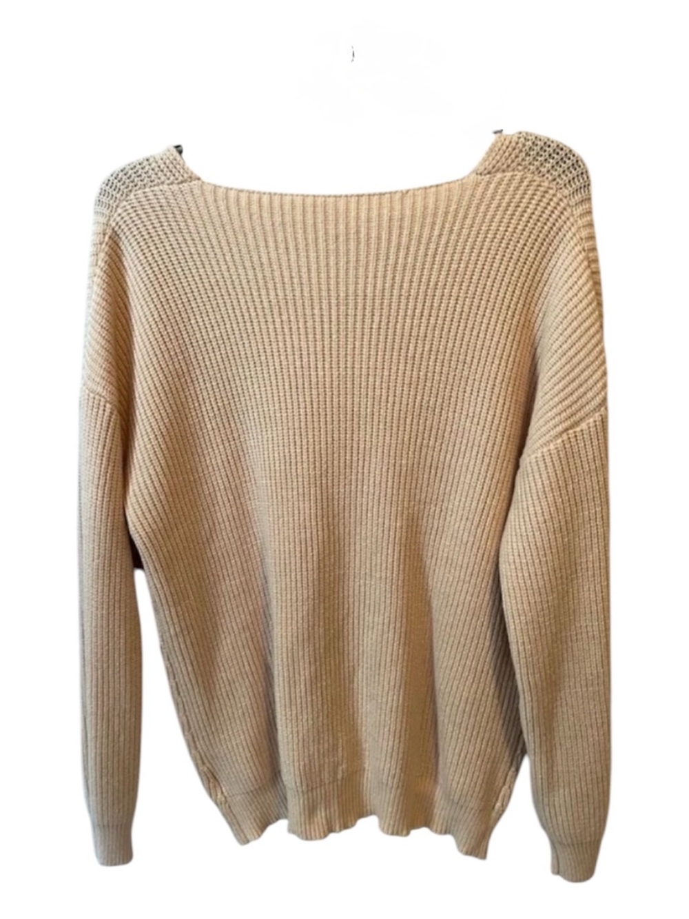 Cream V Neck Knit Sweater Beige Lightweight Pullover Cozy Casual - Picture 3 of 7